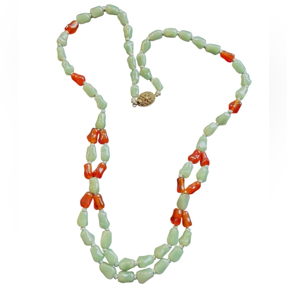 Chinese Export Jadite & Carnelian 2 strand Multi Strand Gemstone necklace